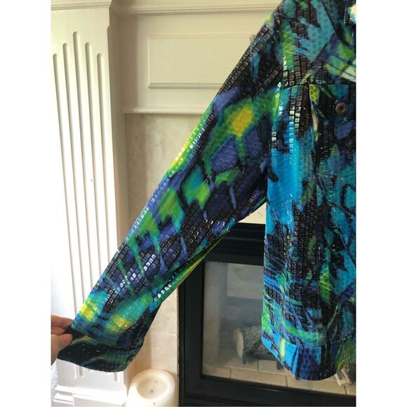 Notations Women’s Blue and Green Square Print Shiny Button Up Jacket Size XL - Picture 5 of 9
